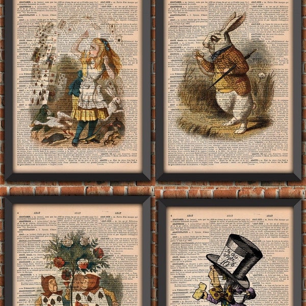 Pack  Alice Au Pays Des Merveilles Décoration Murale Cadeau Poster Littérature Original Vintage french Dictionnaire impression