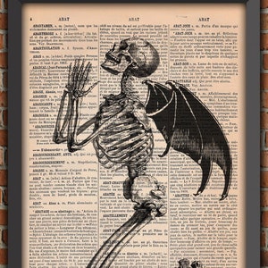 Demon Skeleton, Devil skeleton, prayer poster, Goth poster, praying skeleton, Original Gift, French dictionary Page Print, gift from France