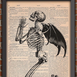 Dämonen-Skelett-Poster im Gebet, Goth-Poster, betendes Skelett, originelles Geschenk, Französisch-Wörterbuch-Seitendruck, Skelett, Dämon
