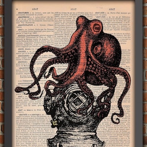 Octopus print, antique diving helmet, Tentacles, Vernes, Squid,  Ocean print, Vintage Art Print, Home Decor Gift, Original Dictionary Print