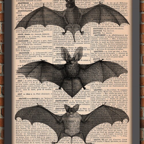 Bat Skeleton Dark Gothic Odd Scary Witch Punk Halloween Spooky Goth Vintage Art Print Home Decor Gift Poster Original Dictionary Page Print