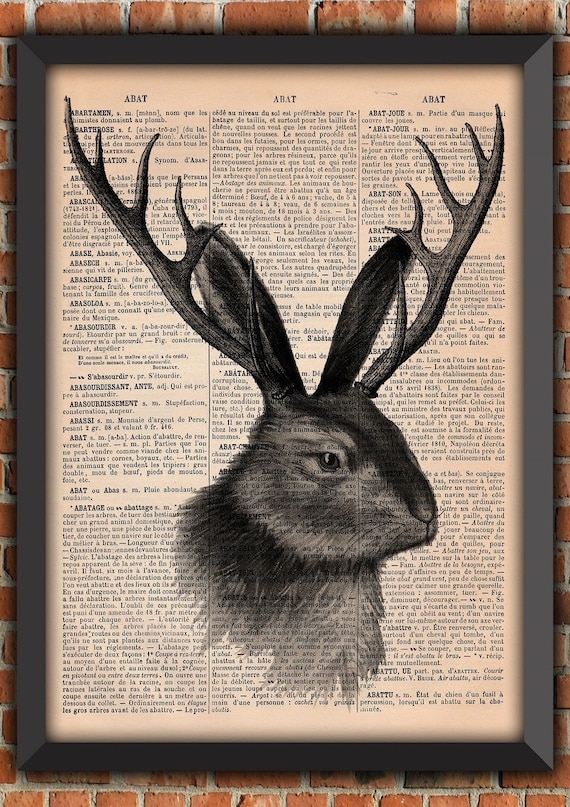 jackalope poster, Wolpertinger art print, imaginary animal, horned rabbit,  hare antler, French dictionary poster, GIFT FROM FRANCE