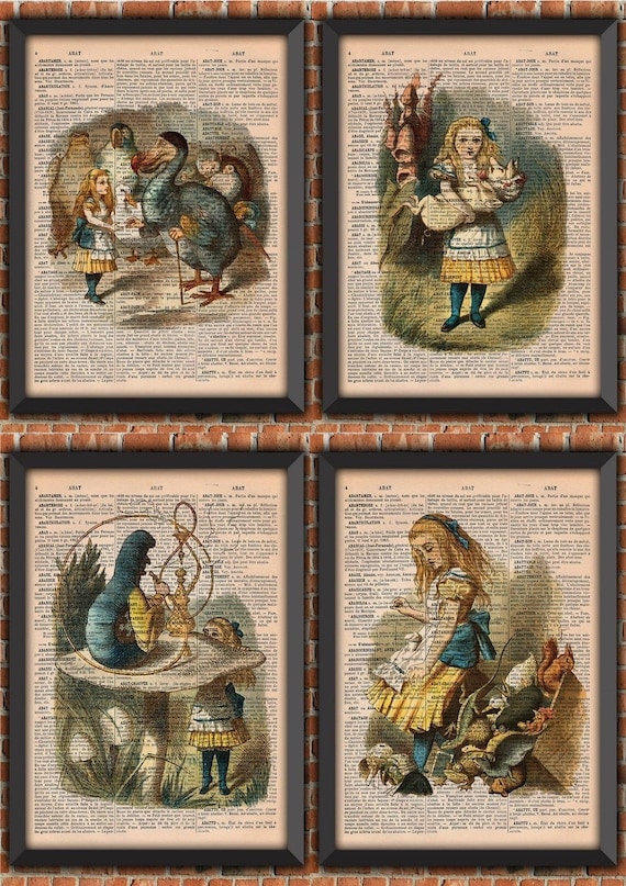 Alice in Wonderland art print set, Alice poster, Alice fan gift, Vintage French dictionary print,  gift from France