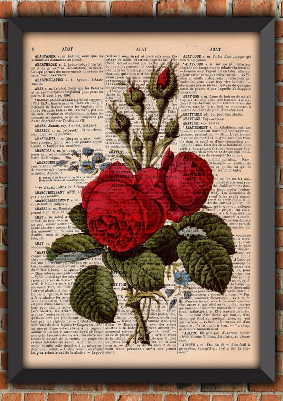 Flower Cabbage Rose Bouquet Garden Shabby Chic Mother's Day Plants Vintage Art Print Home Decor Gift Poster Original Dictionary Page Print