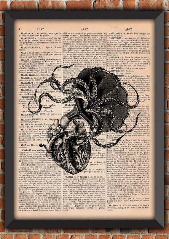 Heart Anatomical Tentacles  Octopus Gramophone  Art Print  Home Decor Writing Gift Poster Original Dictionary Vintage Book Page Print [A01]