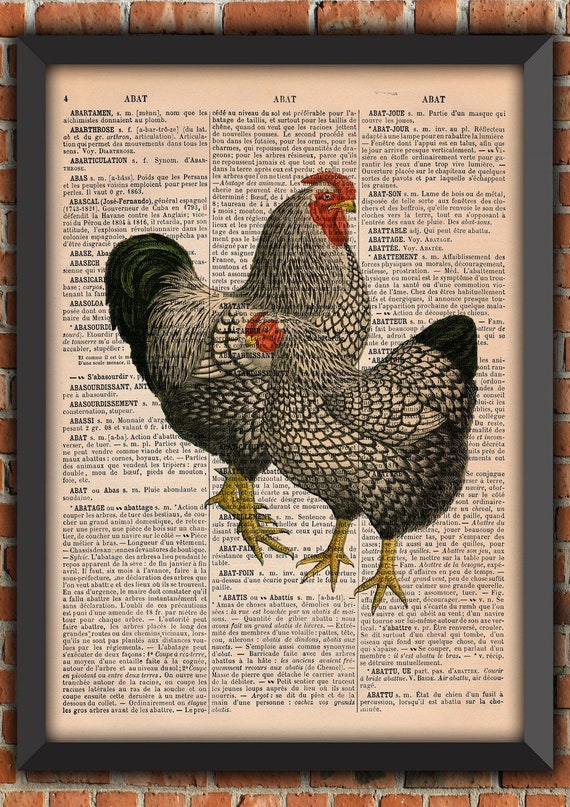 Chicken coop Farm Birds Cute crazy chicken lady coq rooster hen Vintage Art Print Home Decor Gift Poster Original Dictionary Page Print