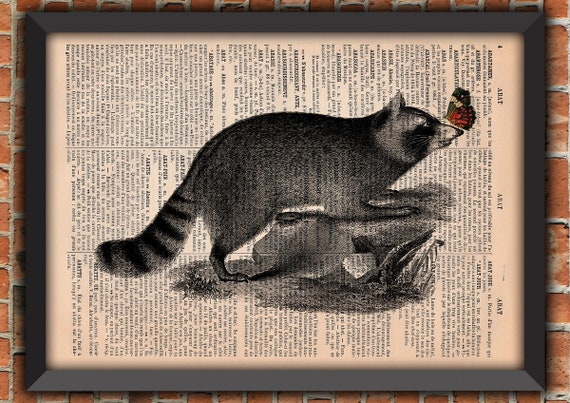 Raccoon Rocket Butterfly Hunt Farm Cute Shabby Chic Vintage Giclée Art Print Home Decor Gift Poster Original Dictionary Page Print