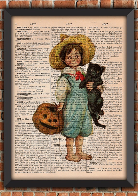 Boy Pumpkin Black Cat Gothic Odd Scary Punk Halloween Spooky Goth Vintage Art Print Home Decor Gift Poster Original Dictionary Page Print