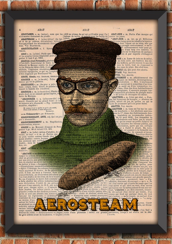 Steampunk Aviator Zeppelin Victorian Goggles Mustache Man Flying Vintage Art Print Home Decor Gift Poster Original Dictionary Page Print