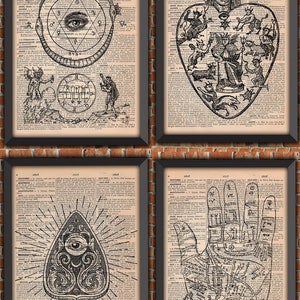 Pakiet 4 plakatów Okultystyczna ręka Grimoire Wróżenie Czarostwo Czarna magia Satanizm Alchemia Ouija Sztuka w stylu vintage Wydrukuj Oryginalny słownik