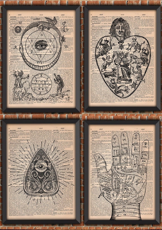 Pack 4  french Occulte Main Grimoire Divination Witchcraft Black Magic Satanism Alchimie Ouija Vintage ArtPrint Original Dictionary Page