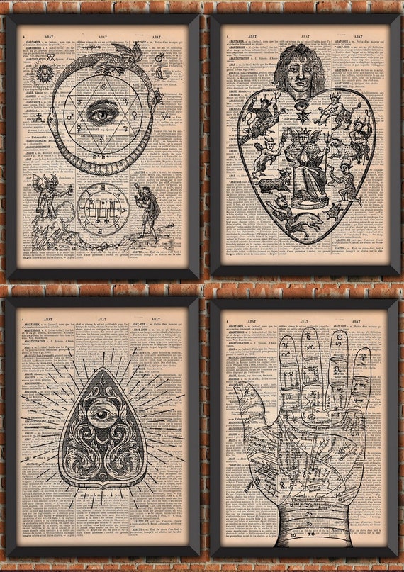 Pack 4  french Occulte Main Grimoire Divination Witchcraft Black Magic Satanism Alchimie Ouija Vintage ArtPrint Original Dictionary Page