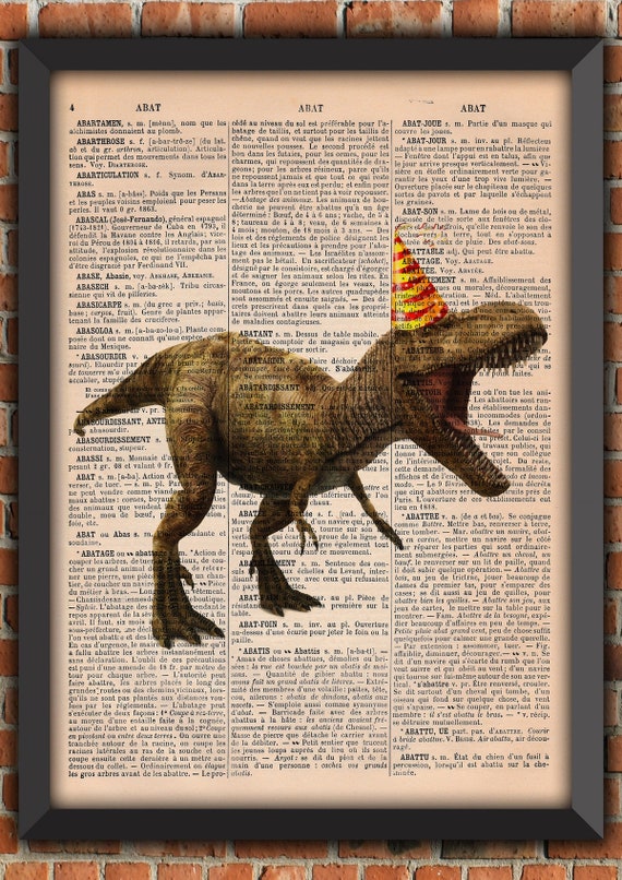 Dinosaur Party Hat Birthday T-Rex Reptile Funny Vintage Art Print  Home Decor Gift Poster Original Dictionary Book Page Print [A016]