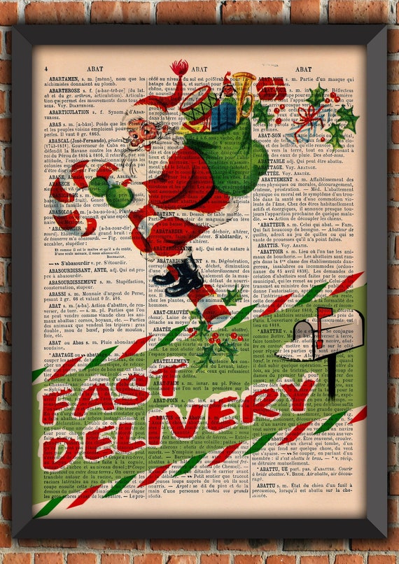 Santa Claus Toy Delivery Christmas Wreath X-Mas Reindeer Smile Retro Vintage Art Print Home Decor Gift Poster Original Dictionary Page Print