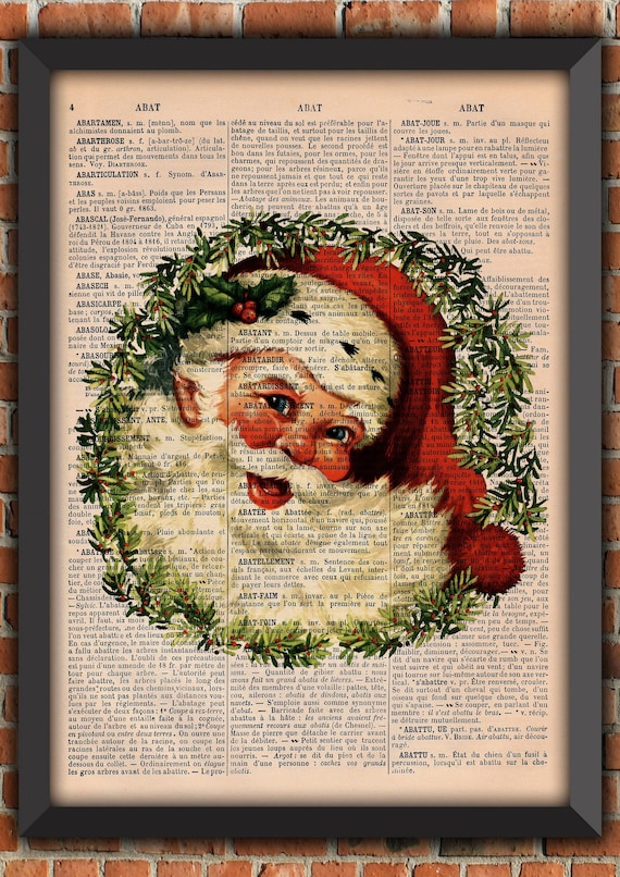 Santa Claus Christmas Wreath X-Mas Tree Reindeer Smile Retro Vintage Art Print Home Decor Gift Poster Original Dictionary Page Print