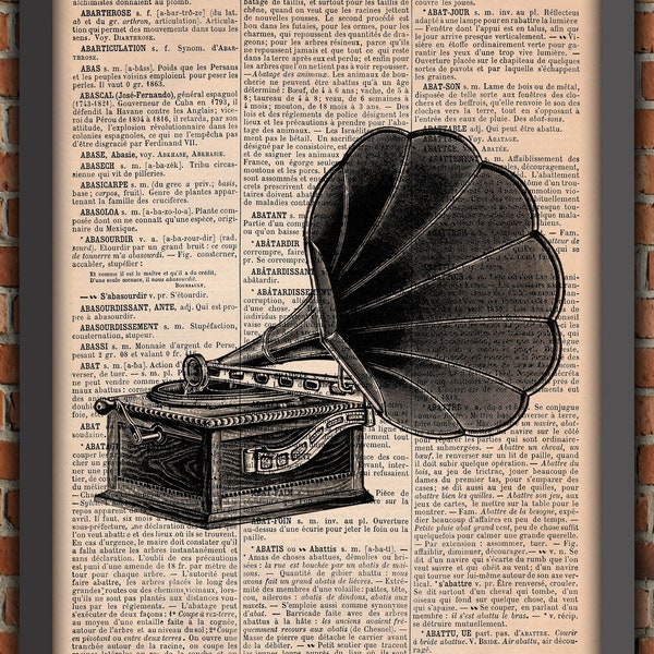 Gramophone Victorien Industriel Vintage Photographie Art Print Décoration Murale Cadeau Poster Original Dictionnaire Page Impression