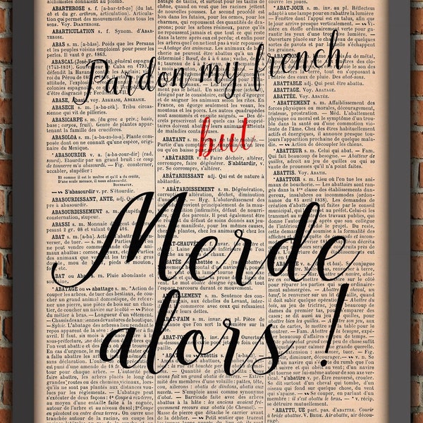 french Art Print expression Pardon my FRENCH but MERDE ALORS Home Decor funny Gift Poster Original Dictionary Vintage Book Page Print