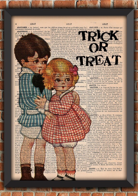 Kids Trick Or Treat Pumpkin Gothic Scary Punk Halloween Spooky Goth Vintage Art Print Home Decor Gift Poster Original Dictionary Page Print