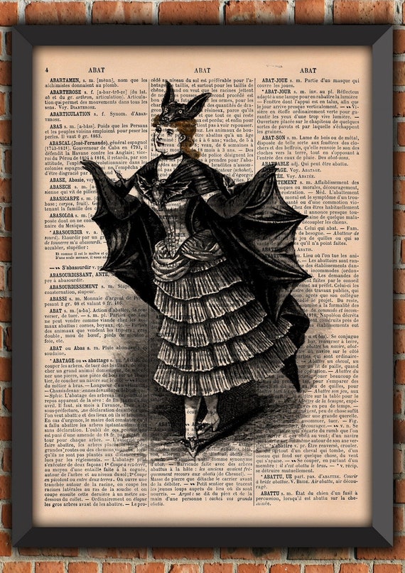 Bat woman Dark Gothic Odd Scary Spooky Goth Vintage Art Print Home Decor Gift Poster Original french Dictionary Page Print