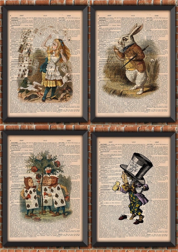 Pack Alice In Wonderland Art Print  Home Decor Gift Literature Poster Original French Dictionary Vintage Book Page Print Mad hatter