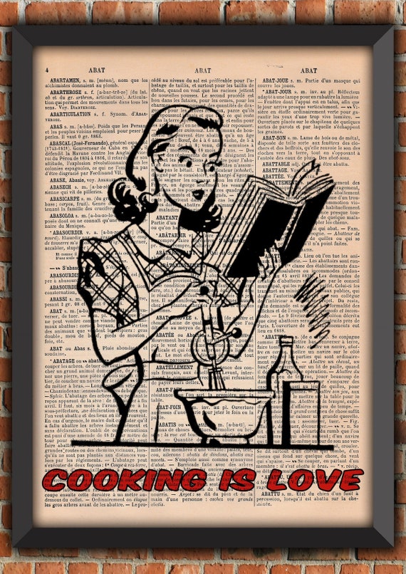 Cooking Is Love Pin Up Retro Apron Mom Cute Kitchen Cooking Vintage Art Print Home Decor Gift Poster Original Dictionary Page Print