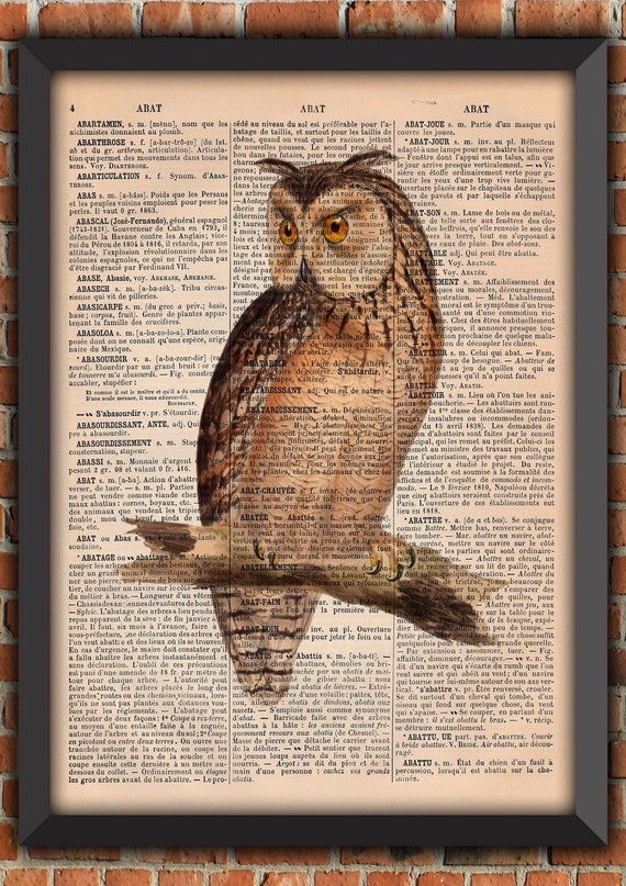 Owl Forest Night Animal lover Tree Bird Nature Art Print  Home Decor Writing Gift  Poster Original Dictionary Vintage Book Page Print [A01]