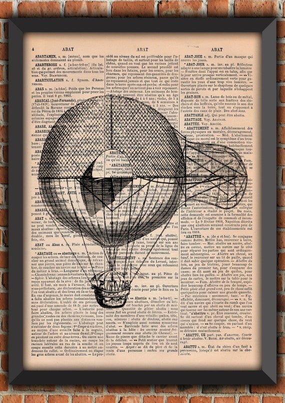 Steampunk Aviator Zeppelin Victorian Goggles Mustache Man Flying Vintage Art Print Home Decor Gift Poster Original Dictionary Page Print