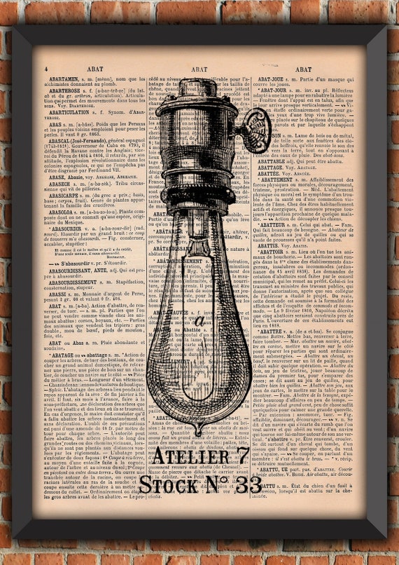 Lightbulb Industrial Edison Steampunk  Art Print  Home Decor Writing Gift Poster Original Dictionary Vintage Book Page Print [A01]