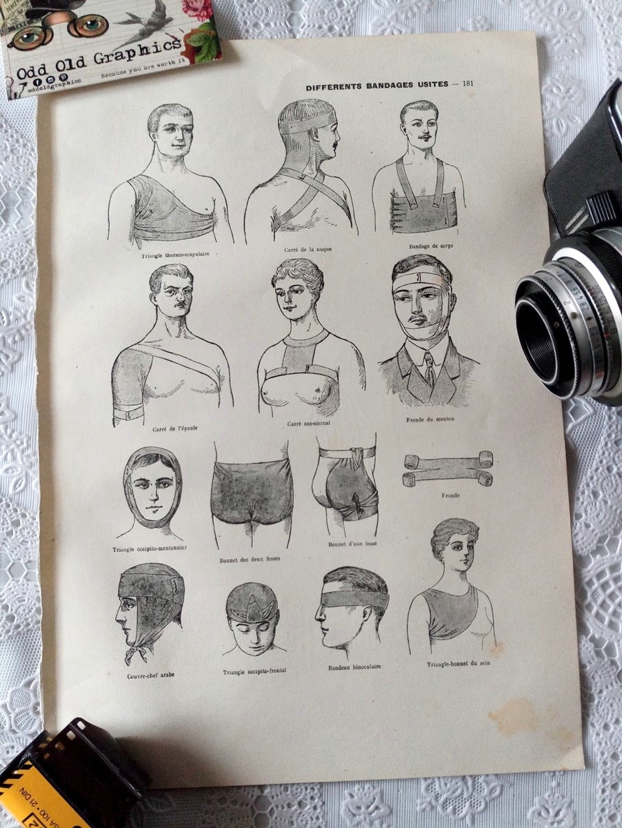 Affiche Infirmière Médecin Médical Bandage Blessé Blessure Pansement Planche Cabinet de Curiosités V