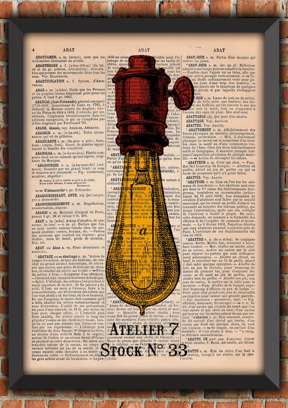 Lightbulb Industrial Edison Steampunk  Art Print  Home Decor Writing Gift Poster Original Dictionary Vintage Book Page Print [A01]