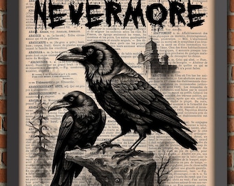 NEVERMORE Edgar Poe, raven print, Gothic print, gift for book lover, Art Print,  POE Home Decor,  Gift from France