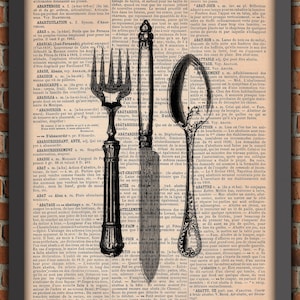 Posate Coltello Forchetta Cucchiaio Shabby Chic Vintage Art Print Decorazione da parete Regalo Poster originale Pagina del dizionario Stampa