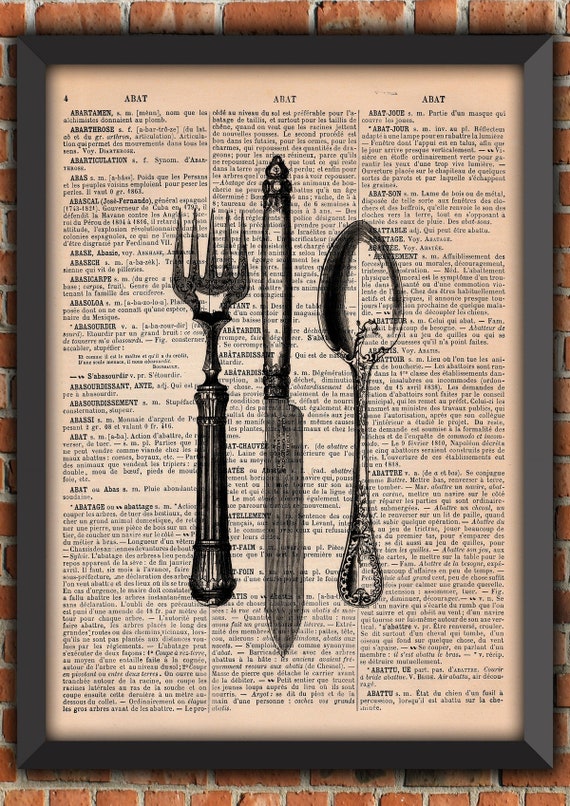 Cutlery Set Knife Fork Spoon Shabby Chic Cute Kitchen Cooking Vintage Art Print Home Decor Gift Poster Original Dictionary Page Print