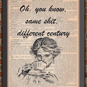 poster femminista d'epoca, umorismo nero, anticonformista, pagina del dizionario, illustrazione, donna, tè retrò