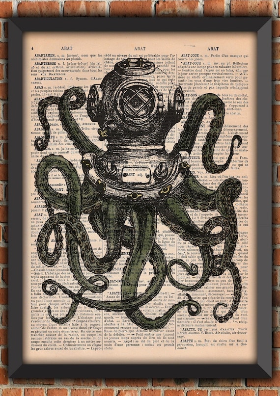 Octopus Tentacles Jules Vernes Squid Ocean Sea Retro Diving Vintage Art Print Home Decor Gift Poster Original Dictionary Page Print