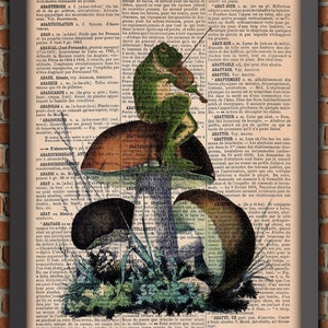 art print Frog, Violin, Mushroom, Whimsical Forest, Cute Animal, Toad, Musical Vintage Home Decor Gift Poster Original Dictionary Page Print