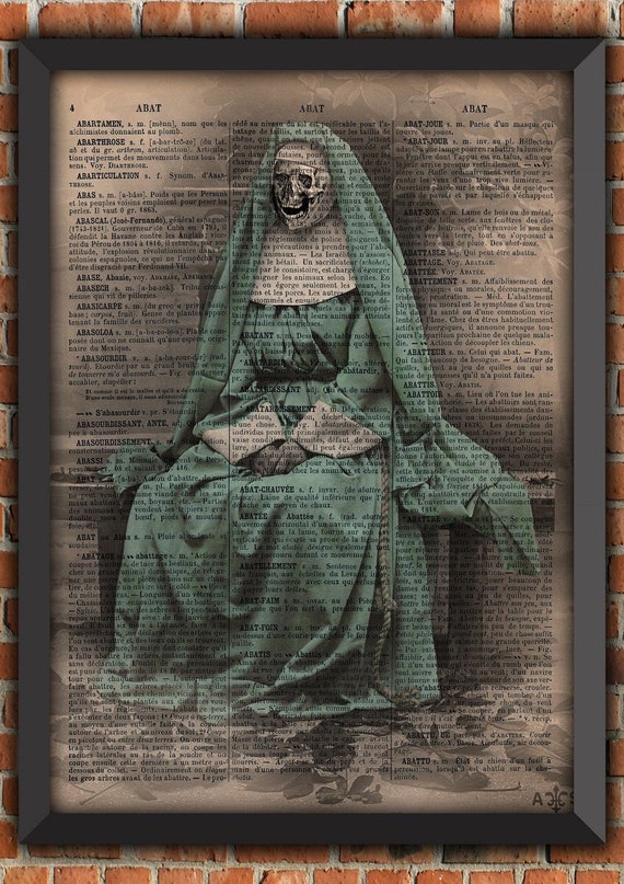 Nun in the park, gift from France, Halloween poster, horror poster, creepy poster, gothic decor, skeleton art print, dictionary poster,