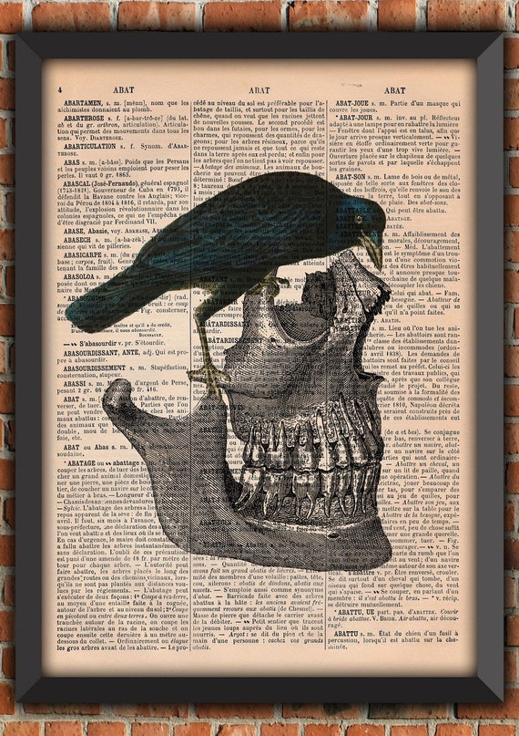 Skeleton Skull Crow Raven Gothic Punk Crane Head Skeleton Vintage Art Print  Home Decor Gift Poster Original Dictionary Book Page Print A199