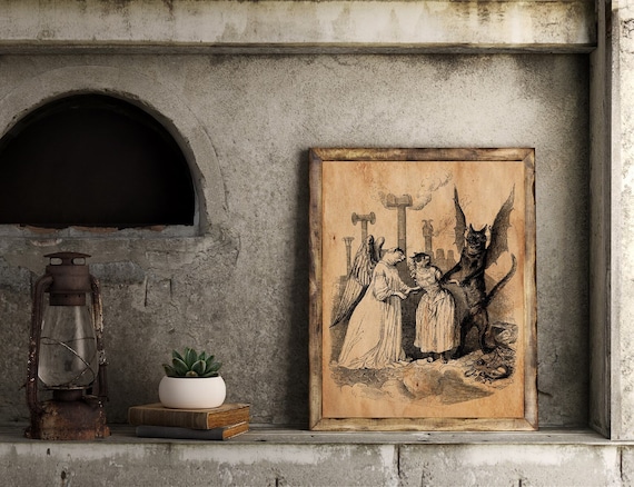 cat print, angel and devil, vintage style,  cat lover print