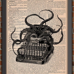 Tentacoli di polpo della macchina da scrivere in bianco e nero Vintage Cthulhu Stampa artistica Poster decorativo Pagina del dizionario originale Stampa di polpo