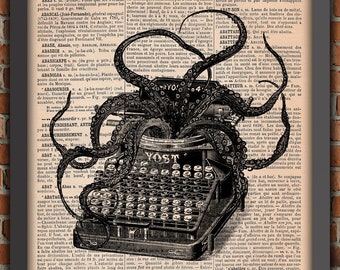 Victorian Typewriter Cthulhu Lovecraft Tentacles Octopus Squid Art Print Home Decor Writing Gift Poster Original Dictionary Book Page Print