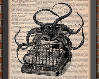 Máquina de escribir en blanco y negro Tentáculos de pulpo Vintage Cthulhu Impresión de arte Decoración Cartel Diccionario original Página Impresión de pulpo