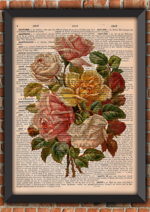 Flower Cabbage Rose Bouquet Garden Shabby Chic Mother's Day Plants Vintage Art Print Home Decor Gift Poster Original Dictionary Page Print