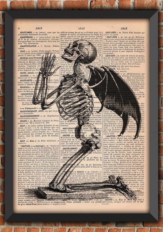 Demon Skeleton, Devil skeleton, prayer poster, Goth poster, praying skeleton, Original Gift, French dictionary Page Print, gift from France