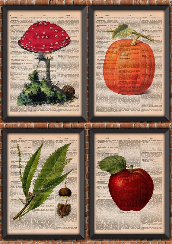 Pack French Autumn Pumpkin Garden apple Halloween mushroom Chestnut Vintage Art Print Home Decor Gift Poster Authentic Dictionary Page Print