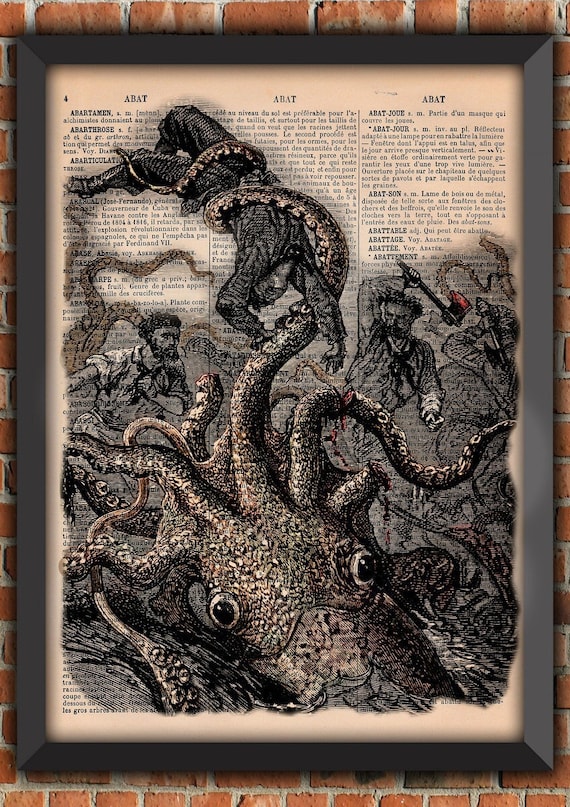 Giant octopus poster, octopus attack, KRAKEN, giant squid attack, giant squid, tentacle, art poster, gift from France