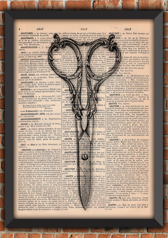 Scissors Sewing Engraving Shabby Chic Steampunk Victorian Vintage Art Print Home Decor Gift Poster Original Dictionary Page Print