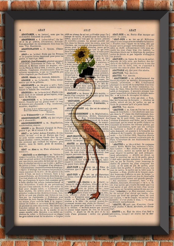 Flamant Rose Fleurs Chapeau Vintage Art Print Home Decor Gift Poster Original Dictionary Page Print [A025]