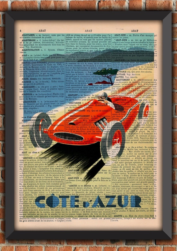 Car Cote D'Azur Sea Romance France Plane Travel Bistrot Industrial Vintage Art Print Home Decor Gift Poster Original Dictionary Page Print