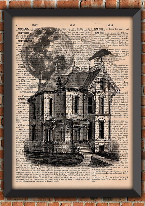 Haunted House Manor FULL MOON Raven Dark Gothic Ghost Halloween Spooky Goth Vintage Art Print  Decor Gift Poster Original Dictionary Page